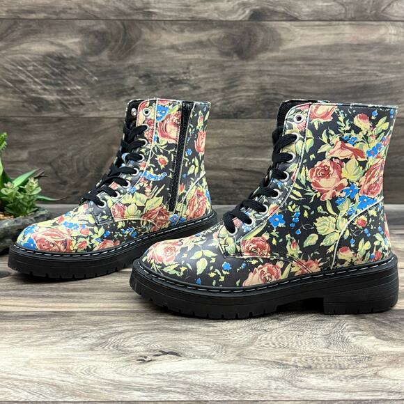NEW Sugar Kaedy Black Vintage Floral Combat Boots Booties 7M - Picture 3 of 13